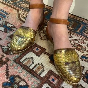 Gold leather Chainmail ankle slippers.